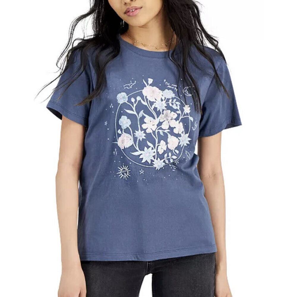 New Grayson Threads Juniors Sz Small Celestial Flowers Tee Shirt Top Gray NWT
